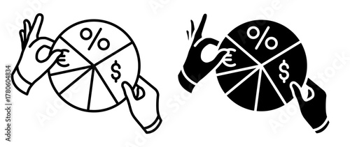 Linear icon. Hands of investors and depositors take away parts of total budget of invested funds. Simple black and white vector isolated on white background