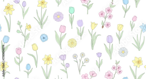 Charming seamless vector pattern of various pastel spring flowers. Hand-drawn garden blossoms like tulips and narcissus on a white background