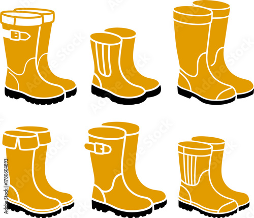 Yellow rubber boots with black soles, minimalist vector illustration collection. Digital graphic set, casual seasonal gumboots for kids and adults
