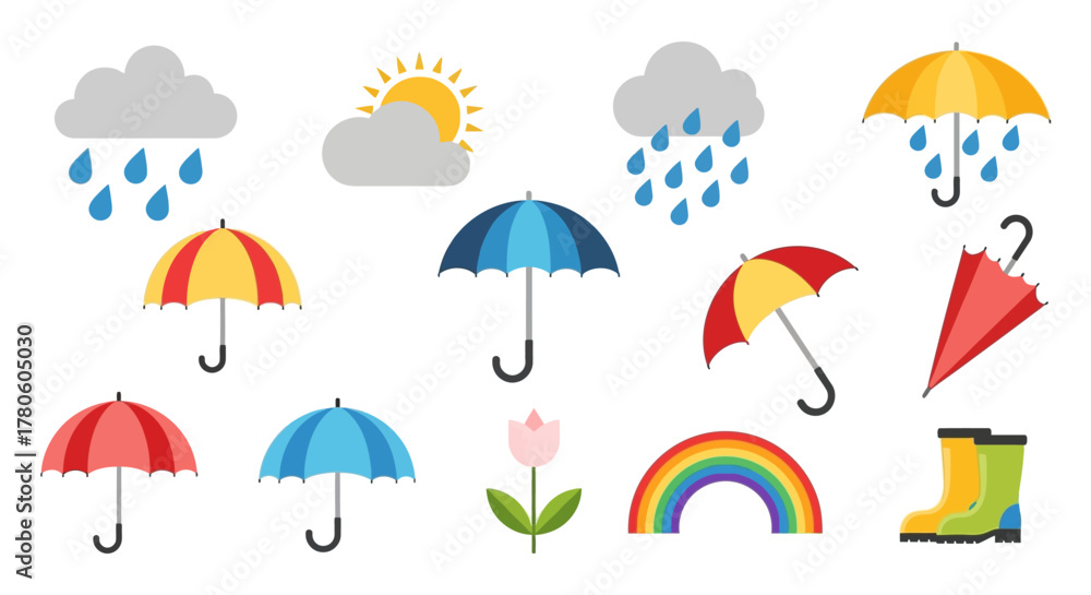 Fototapeta premium Set of weather icons including rain, sun, clouds, umbrellas, rainbow, tulip, and boots