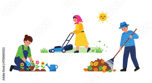 People enjoying outdoor activities, gardening, mowing the lawn and raking leaves on a sunny day