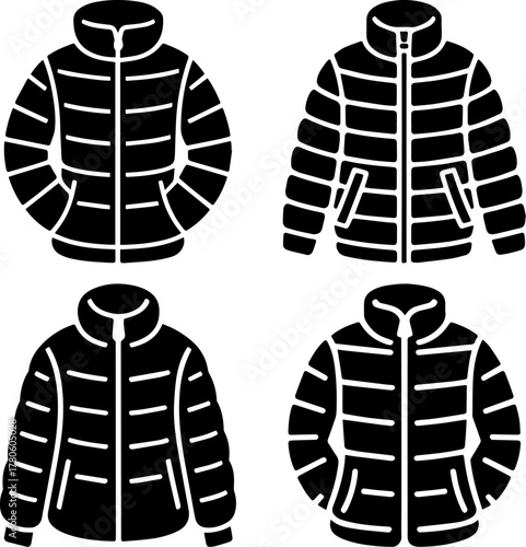 Set of unisex puffer jackets, black minimalist vector illustration. Warm zip-up jackets, assorted designs