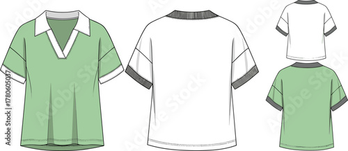 Short-sleeved V-neck shirt, fashion design sketch, front and back views, loose fit, contrast collar, sleeve cuff detail, garment construction, apparel illustration
