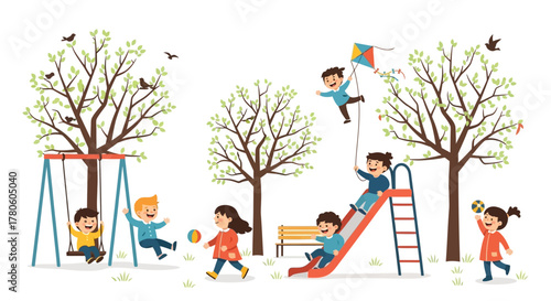 Children Playing in the Park Illustration with Swings, Slide, and Kite