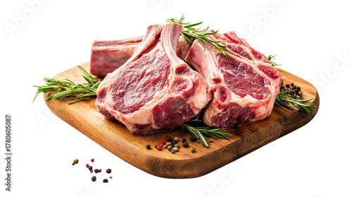 Raw Lamb Chops with Rosemary and Peppercorns isolated on a transparent background