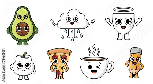 Charming kawaii style vector illustrations of everyday objects with cute expressive faces