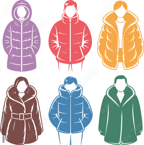 Set of unisex puffer jackets on mannequins, multicolor minimalist vector illustration. Warm winter outerwear in various styles: cropped zip-up jacket, hooded parka, long coat, belted overcoat