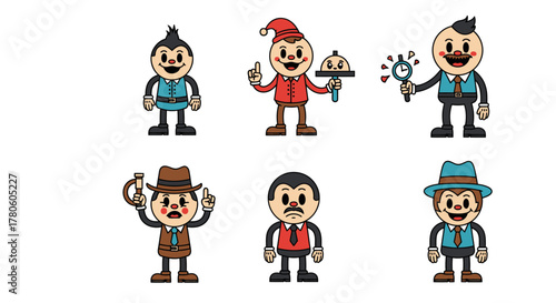 Retro cartoon characters collection, diverse roles and professions, whimsical designs, vintage