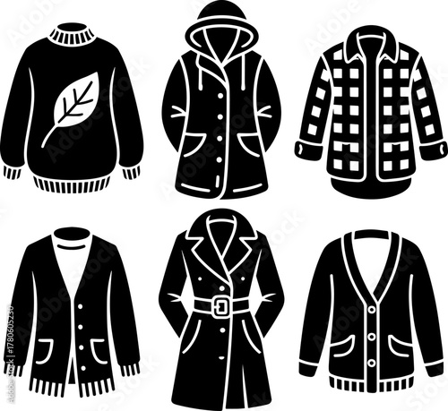 Set of women's warm clothes, minimalist vector illustration. Includes knitted sweater, jacket, trench coat, cardigan, overcoat. Сasual outfit collection for spring, fall, autumn fashion