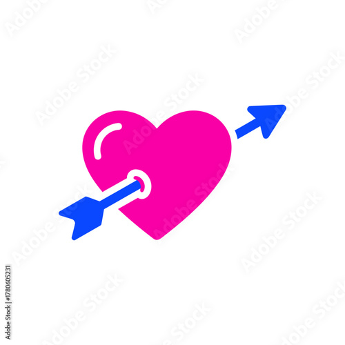 Pink heart pierced by blue arrow symbolizing love and affection on white backdrop, representing romance and connection with minimalist style.