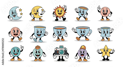 Collection of retro cartoon characters with trendy design and vibrant color palette ideal for