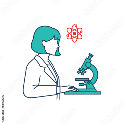 Female scientist examines sample with microscope in laboratory, researching new atom model with focus and precision, showcasing scientific discovery.
