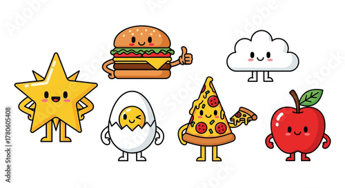 Whimsical food and object character illustrations creating a happy cartoon ensemble