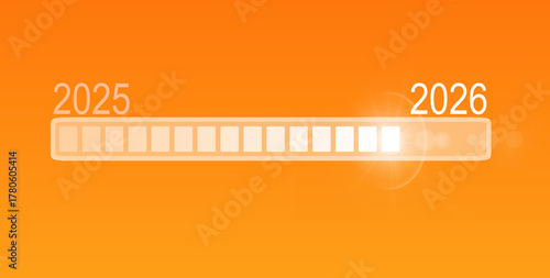 Loading bar update. Digital interface symbolizing 2025 to 2026 transition, data transfer, internet