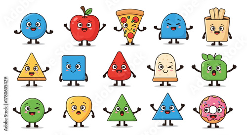 Joyful Cartoon Shapes and Foods: A Colorful Array of Animated Characters for Fun Designs
