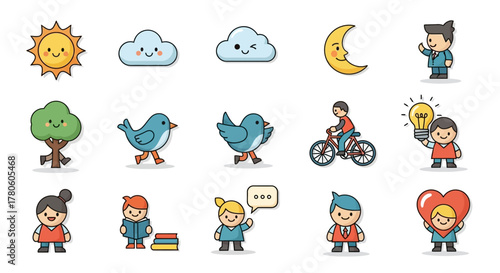 Whimsical assortment of cheerful cartoon icons representing diverse daily life elements