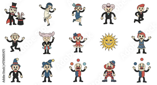 Vintage cartoon character assortment, whimsical figures in various retro-inspired designs and poses