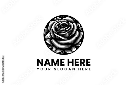 Vintage-style black and white rose illustration inside a circle. A classic and beautiful floral logo template for a business or brand