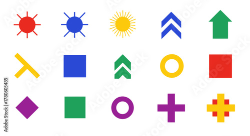 Geometric shapes in vibrant colors arranged in a playful and orderly fashion graphic composition