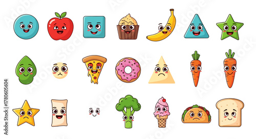 Delightful cartoon fruits vegetables and snacks with expressive kawaii faces create a playful