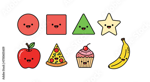 Cute cartoon shapes and food items with smiling faces perfect for kids projects