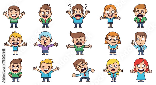 Diverse group of cartoon characters showcasing various emotions and expressions in a playful style