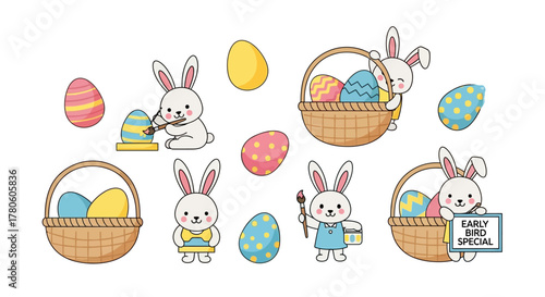 Easter Bunny Painting Eggs And Carrying Baskets, Celebratory Holiday Collection Of Cute Characters