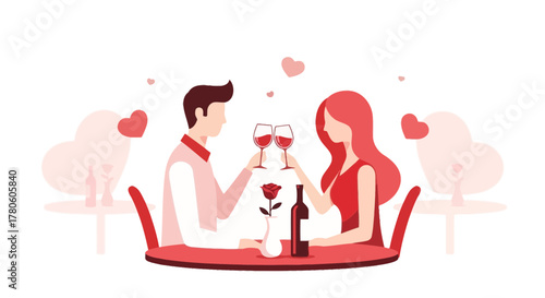 Romantic Valentine's Day dinner with couple celebrating love with wine and heart symbols design