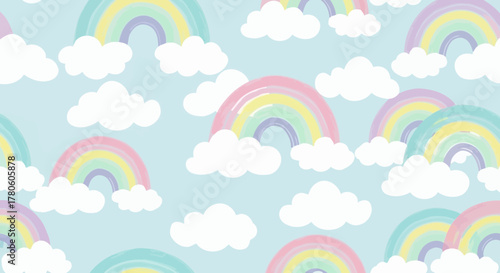 Seamless pastel rainbow and cloud pattern background for children and design projects