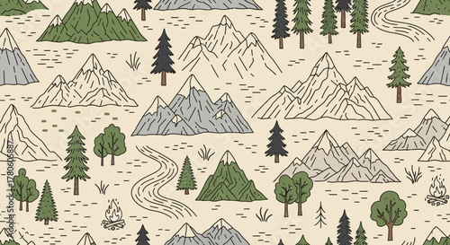 Seamless pattern depicting a picturesque mountain range landscape and serene nature scenes