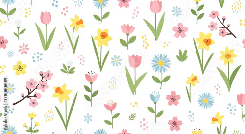 Whimsical seamless floral pattern with hand-drawn spring flowers. Vector garden background featuring tulips, daffodils, and cherry blossoms
