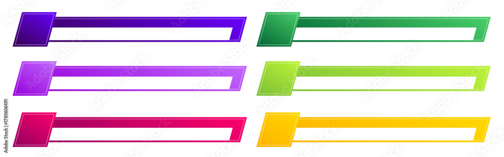 Fototapeta premium Set of six colorful lower third banners with slanted parallelogram shapes. Pink, green, purple, mauve, and orange gradients. Modern geometric style, perfect for video overlays and motion graphics.