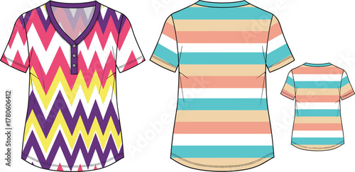 Women’s patterned tops, zigzag and stripe design, V-neck with buttons, fashion flat sketch, front and back views, casualwear apparel illustration reference