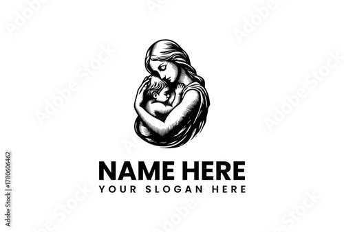 Serene Embrace A Tender Mother-Child Moment in Elegant Black and White Illustration