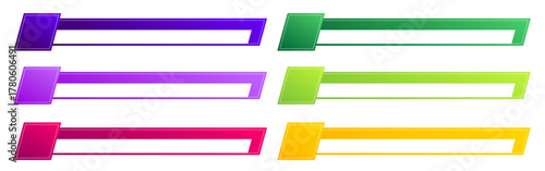 Set of six colorful lower third banners with slanted parallelogram shapes. Pink, green, purple, mauve, and orange gradients. Modern geometric style, perfect for video overlays and motion graphics.