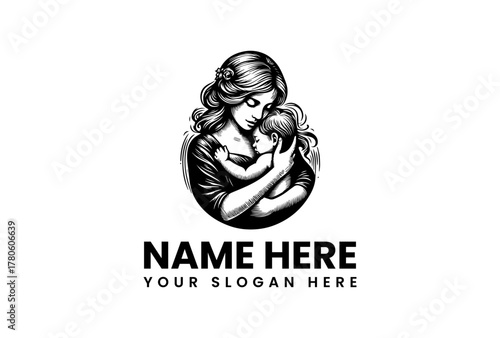 Touching illustration capturing the profound bond of maternal love, featuring a mother tenderly embracing her infant child, symbolizing care, warmth, and family connection