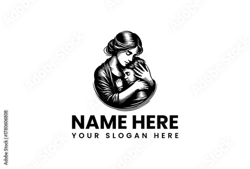 A heartwarming black and white logo illustration of a mother holding her child. This vintage emblem symbolizes maternal love, care, and family bonding. Vector art concept 120.eps