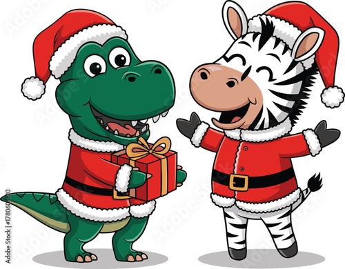 A festive dinosaur and zebra, both wearing red Santa suits and hats, each holding a holiday gift. 