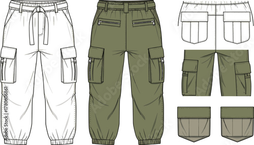 Women’s cargo pants, multi-view fashion sketch, olive green and white colorways, flap and zip pockets, apparel design reference, garment construction drawing, technical illustration