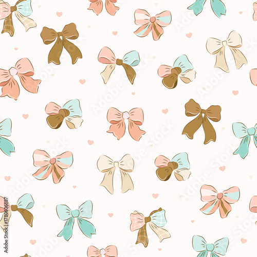 wedding bow seamless pattern with pink, beige bows and silk ribbons. r, femininity, happy birthday seamless pattern, party, celebration, gift, repeat, printable, heart, wedding