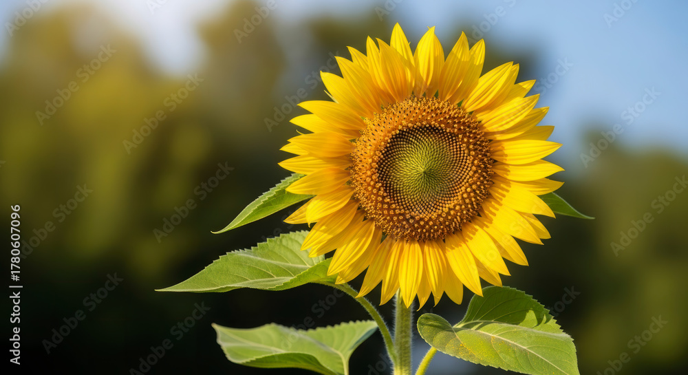 Fototapeta premium Vibrant Sunflower Close-Up Golden Petals and Spiraling Seed Head Illuminated by Gentle Sunlight.