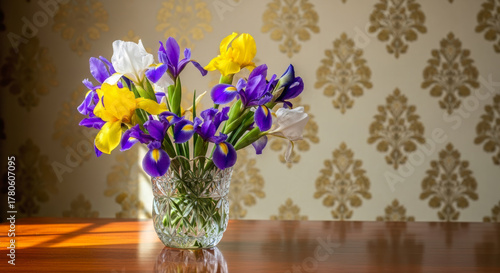 Wallpaper Mural Vibrant Iris Bouquet in Crystal Vase Against Elegant Patterned Wallpaper and Polished Wood Torontodigital.ca