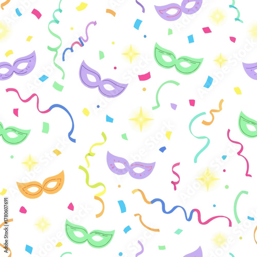 Festive Carnival Party Background Colorful Masks, Confetti, and Streamers for Celebration Fun