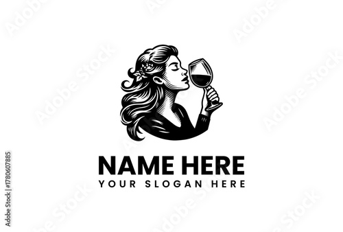 Elegant Woman Wine Taster Illustration A Sophisticated Monochrome Vector Design for Beverage Brands and Enthusiasts, Capturing the Essence of Vintage Refinement and Sensory Appreciation