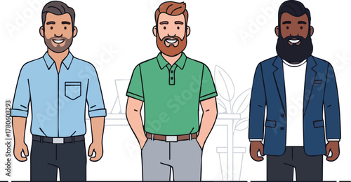 Illustration of three diverse men with varying facial hair, standing side by side, supporting No Shave November, against a clean white background with a simple line drawing.