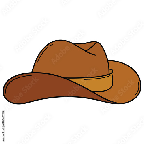 Hand-drawn cartoon brown leather cowboy hat on a white background.