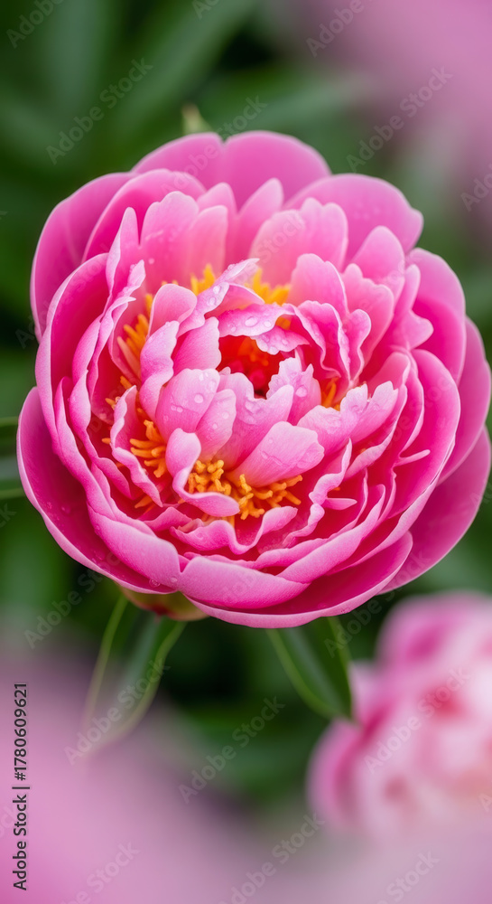 Fototapeta premium Stunning Macro Close-up of a Vibrant Pink Peony Flower with Glistening Water Droplets