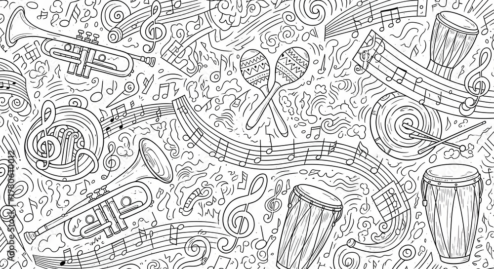 Symphony-themed doodle wallpaper, featuring classical instruments mixed with modern ones (trumpet, maracas, conga, musical notes), simple sketch style, black ink on white