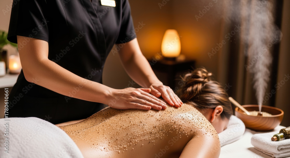 Fototapeta premium Therapist applying invigorating body scrub for smooth, glowing skin during a luxurious spa massage treatment.