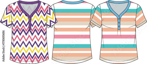 Colorful women's casual tops, zigzag pattern shirt, pastel stripe t-shirt, short sleeve fashion, summer wear, neckline detail, trendy prints, stylish ladies clothing